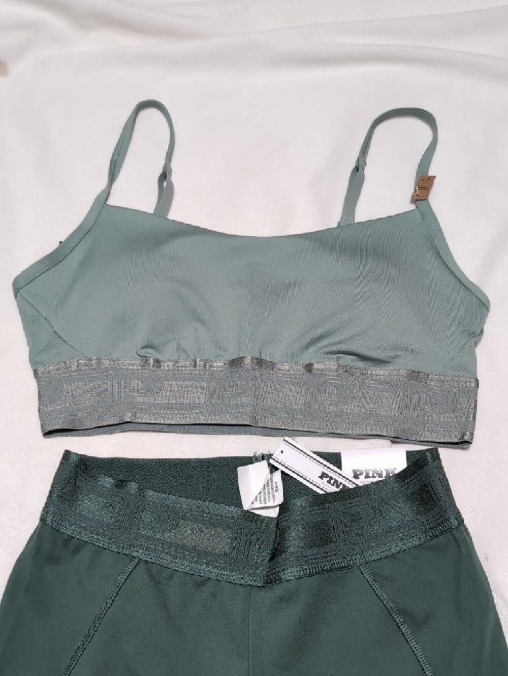 PINK Victoria's Secret Sage Green Active Bra Top Bike Shorts Workout Outfit - Picture 2 of 12